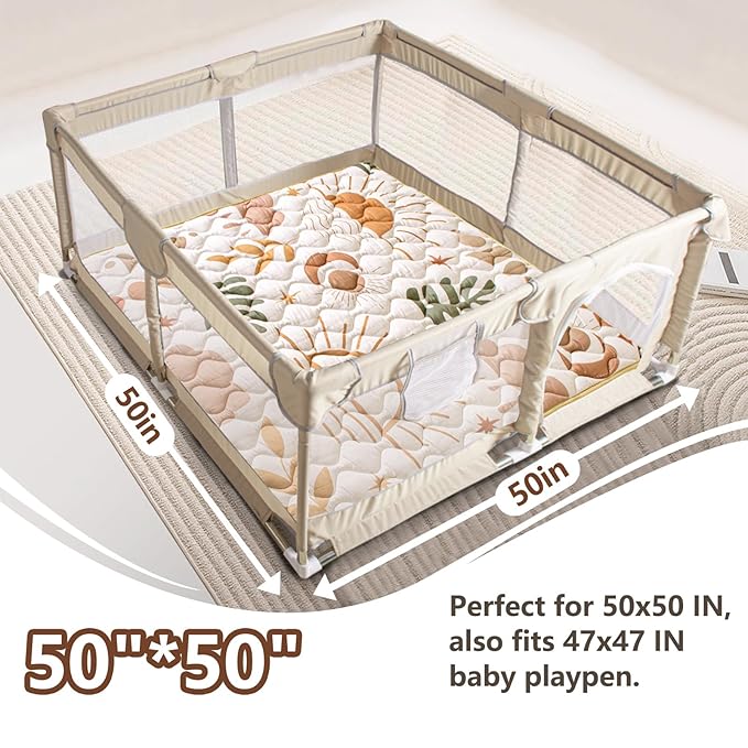 Baby Play Mat, 50x50 Playpen Mat with Super Soft Touch, Activity Mat with Upgraded Anti-Slip Bottom, Machine Washable Crawling Mat for Floor & Picnic(Boho Nature)