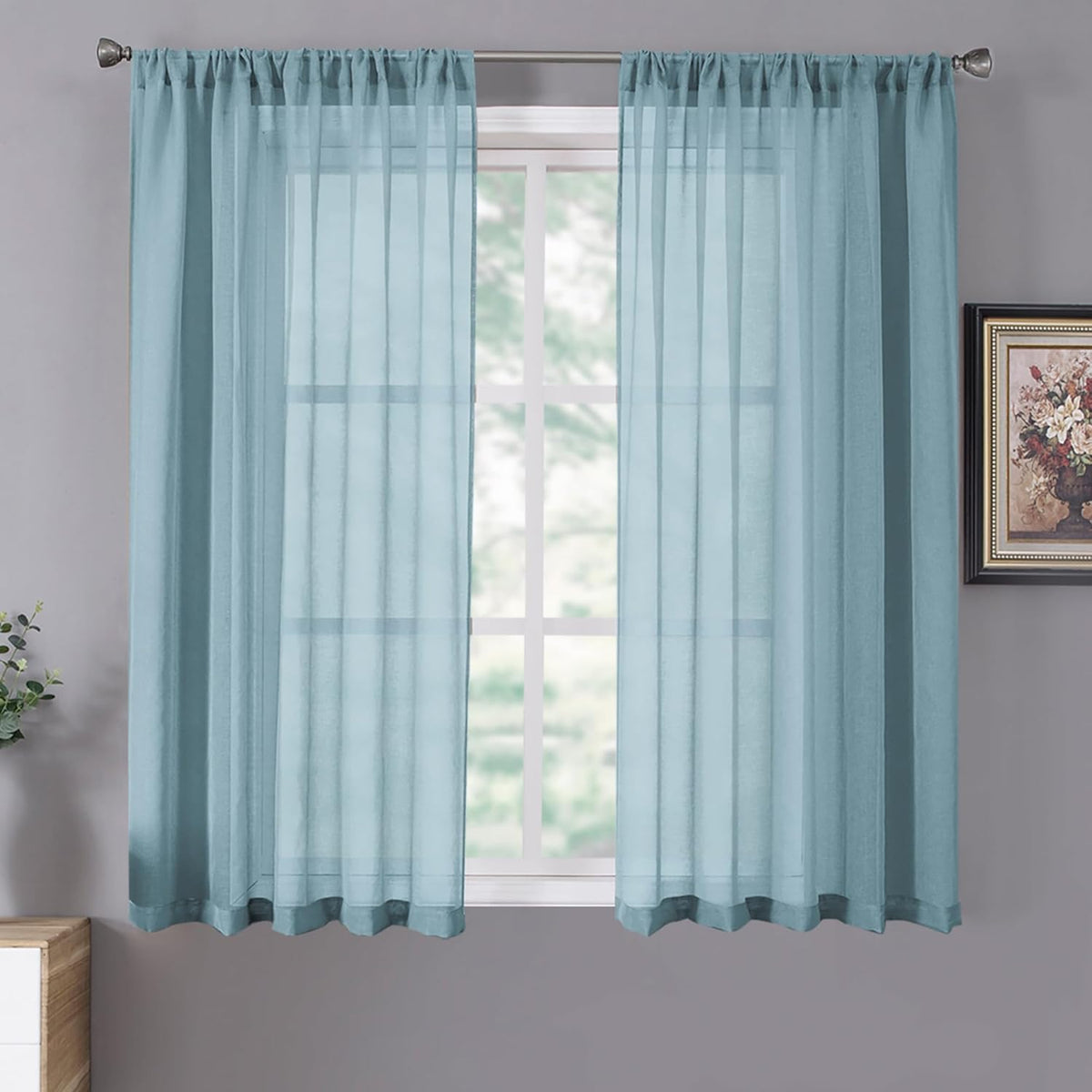Tollpiz Sheer Curtains Living Room Linen Textured Curtain Sheers Light Filtering Voile Rod Pocket Curtains for Bedroom, 38 x 63 inches Long, Dusty Blue, Set of 2 Panels