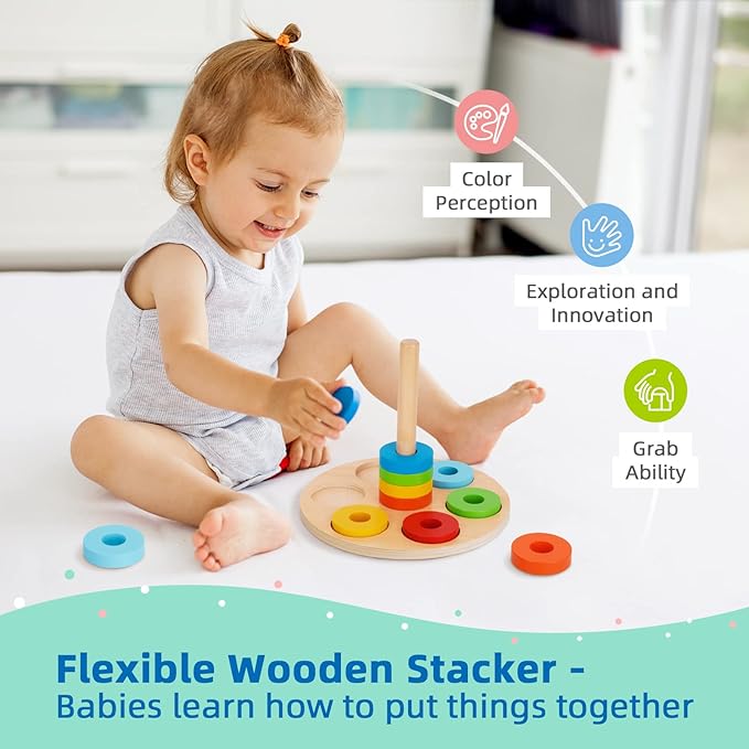TOOKYLAND Montessori Toys for 1 Year Old, 8 in 1 Learning Educational Set Wooden Toys (Includes Stacking Cups, 3-in-1 Educational Box, Pound Bench, Shape Puzzle and More)