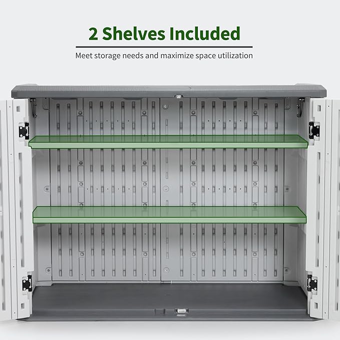 Macrout 25 Cu.Ft Small Plastic Outdoor Storage Cabinet with Shelves, 4.3 x 2.5 ft Waterproof Resin Outdoor Storage Shed with Floor, Lockable Horizontal Shed for Garden and Patio