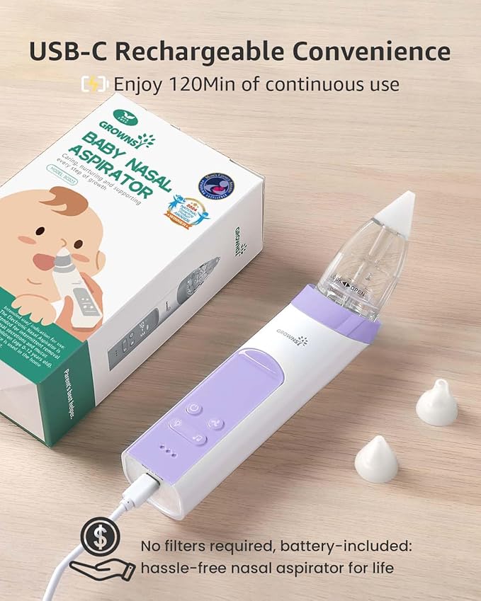 GROWNSY Nasal Aspirator for Baby, Electric Baby Nose Sucker, Automatic Nose Cleaner with Larger Suction Chamber and More Powerful Suction, Music and Light Soothing Function, Purple