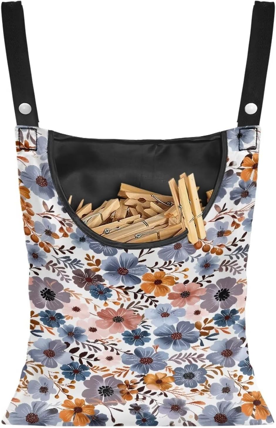 Blue Flowers Clothespin Organizer Bag Hanging Laundry Bag Portable Clothespin Storage with Hanger Hook 2 Ropes for Hanging and Effortlessly Sliding on Clothesline