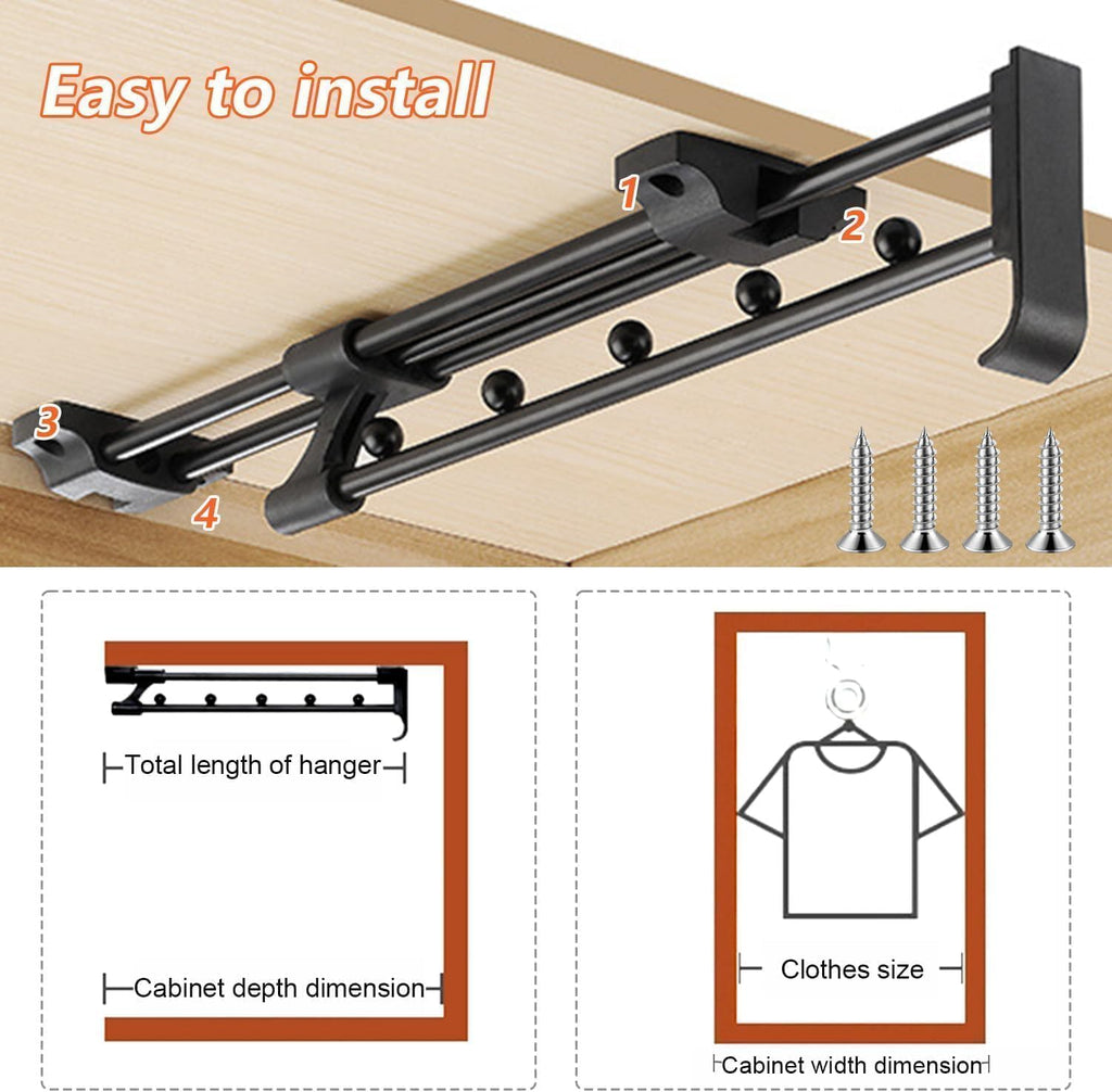 30cm Pull Out Closet Rod Heavy Duty Retractable,17 FT Indoor and Outdoor Retractable Clothesline,Wall Mounted Stainless Steel Retractable Clothesline (Dark Black)