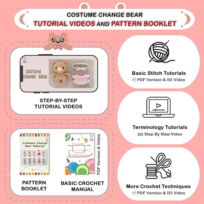 LoopMap Crochet Kit for Beginners - DIY Amigurumi Bear with Removable Dress & Accessories - Step-by-Step Video Tutorials, Extra Yarn, Crochet Tools, Handmade Gift for Kids & Adults (Bear K01, red)