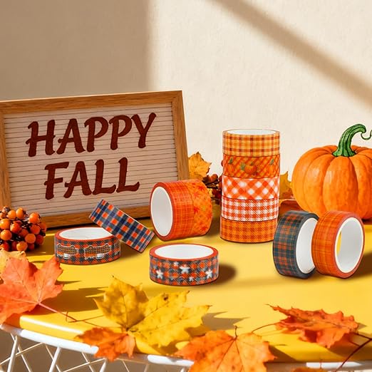 12 Rolls Autumn Washi Tape Set - Thanksgiving Theme Grid Pumpkin Maple Fall Decorative Tape for Bullet Journal, Scrapbooking, Planner, DIY Wrapping Crafts 16.4FT