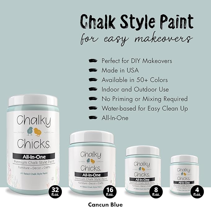 Chalky Chicks All-in-One Chalk Paint for Furniture or Cabinet - 4Fl Oz - Matte Finish Cancun Blue (Light Blue) for Metal, Wood Furniture Paint - No Sanding All-in-One for Home Decor & Crafts, USA Made