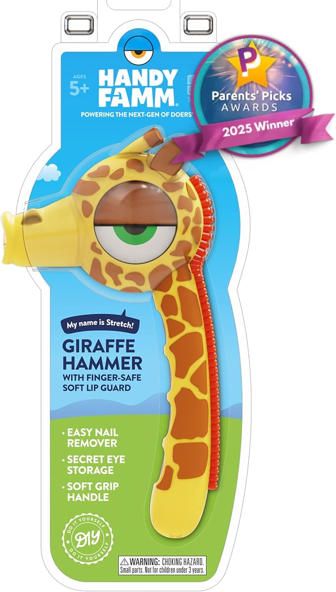 Handy Famm Real Metal Yellow Giraffe Hammer for Kids, Patented Safety Mouth Sleeve and Nail Remover, STEM DIY Tool for Children Ages 5 and Up