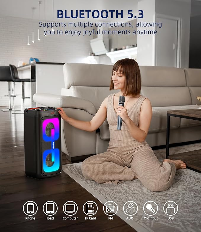 Karaoke Machine for Adults, Portable Bluetooth Speaker with 2 Wireless Microphones, Portable PA System with Disco Lights for Big Party, Outdoor, Ideal Gifts for Family, Music Lover
