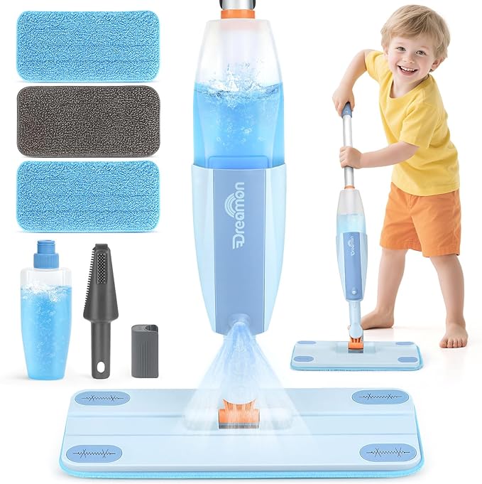 Dreamon Kids Spray Mop - Real Working Toddler Cleaning Set with Water Sprayer & 3 Washable Mop Pads & Scraper, Pretend Play Montessori Housekeeping Toys Gifts for Toddlers Kids Girls Boys(Blue)