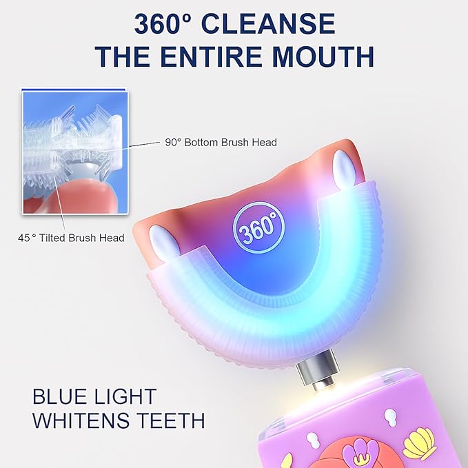 Kids Electric Toothbrush, U Shaped Toothbrush Kids Sonic Automatic Brush with Cup 5 Brush Head 6 Clean Modes IPX7 Waterproof Mermaid Design Rechargeable Smart Timer for Children 8-14