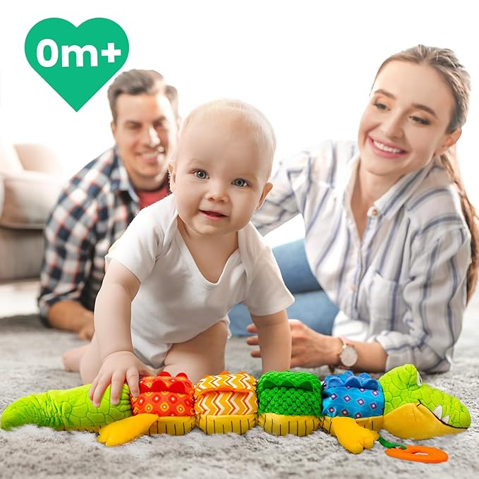 Sumobaby Infant Baby Musical Stuffed Animal Activity Soft Toys with Teether, Multi-Sensory Crinkle, Rattle and Textures, for Tummy Time Newborn 0-3-6-12 Months Boys, Girls, Crocodile (Alligator)