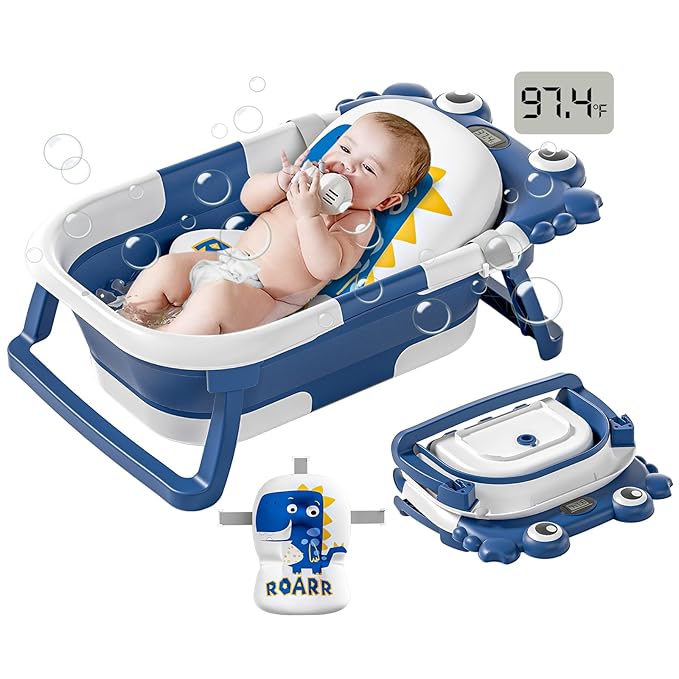 Collapsible Baby Bathtub for Newborns to Toddler with Real-time Temp Monitor & Floating Cushion,Portable Travel Tub for 0-36 Month, Foldable Baby Bath Tub for Infants Boy (Blue)