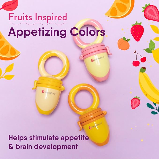 NatureBond Baby Food Feeder/Fruit Feeder Pacifier Nibbler (2 Pack) - Infant Teething Toy Teether Weaning in Appetizing Colors | + Additional Silicone Sacs