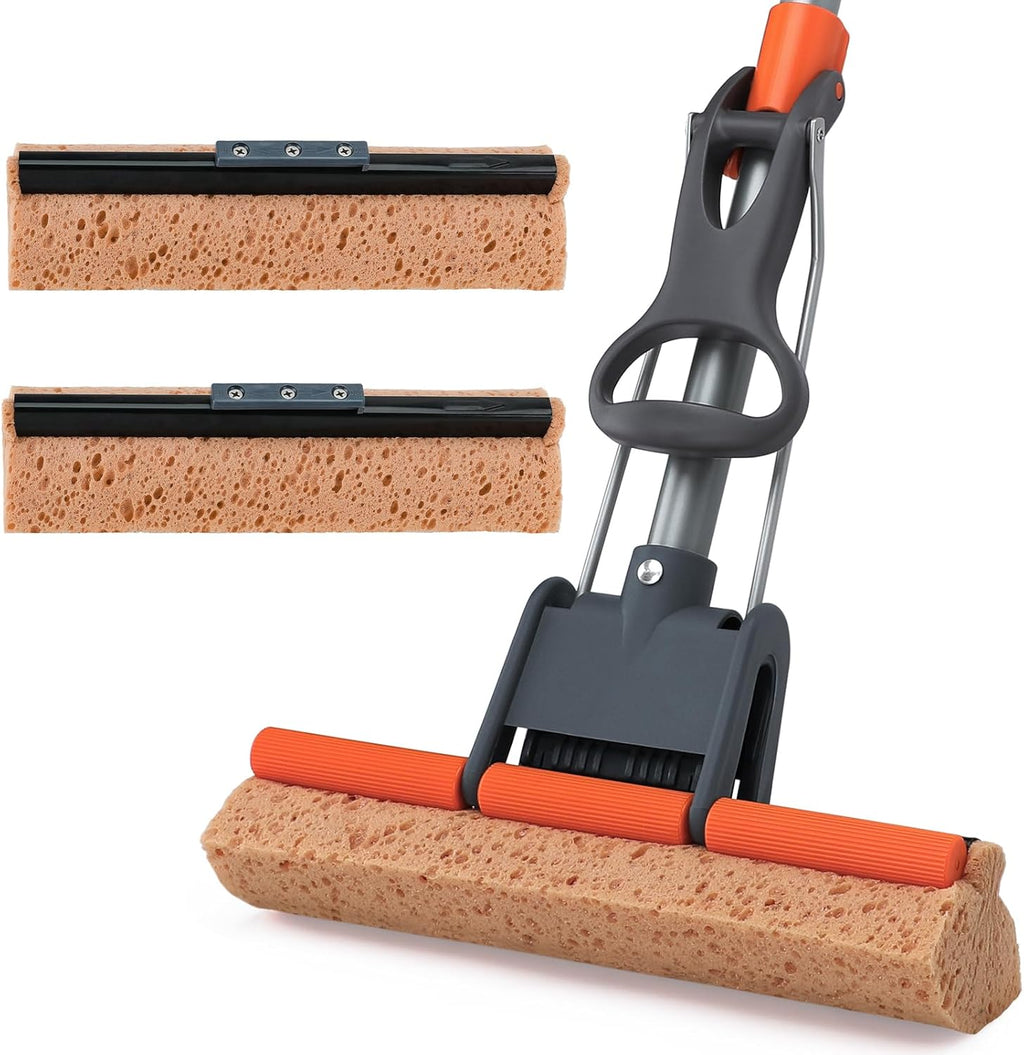 Sponge Mops for Floor Cleaning with 2 Cellulose Mop Head Refills and 55” Long Handle, Heavy Duty Roller Mop, Easy Self Squeeze for Hard Wood Tile Concrete Bathroom or Kitchen Floor Wall Ceiling