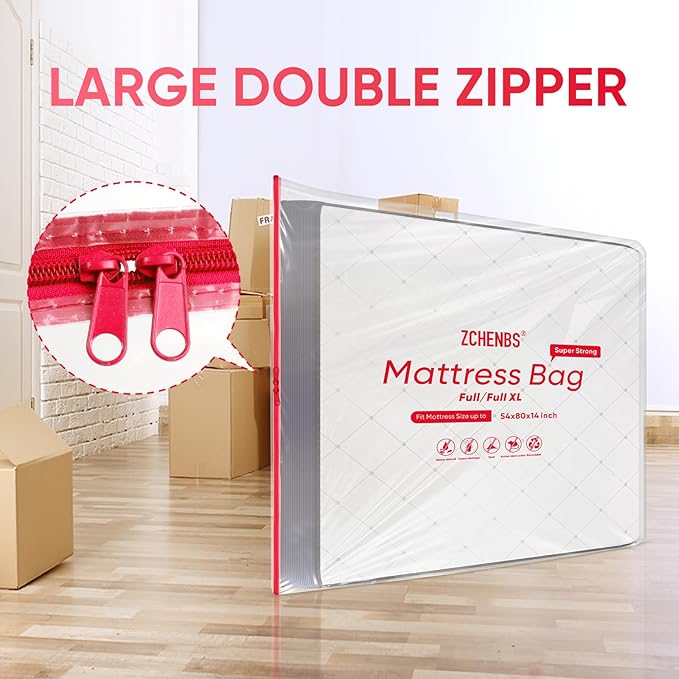 ZCHENBS® – Mattress Bags for Moving and Storage,Mattress Bag with Zippers,5 Mil Ultra-Thick Bed Bag,Waterproof,Anti-Tear,Heavy-Duty Mattress bag (Transaparent/Red, Full/Full XL-(1 Pack))