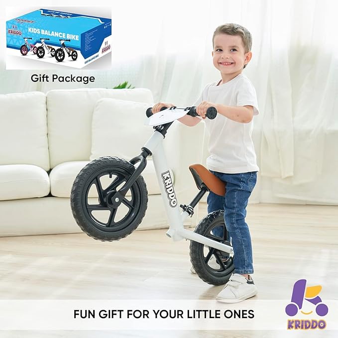 KRIDDO Toddler Balance Bike 2 Year Old, Age 24 Months to 5 Years Old, 12 Inch Push Bicycle with Customize Plate (3 Sets of Stickers Included), Gift Bike for 2-3 Boys Girls, White
