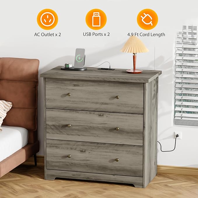 VINGLI 3 Drawer Dresser with Charging Station, Small Dresser Grey Chest of Drawers, 31.5" W Gray Wood Dressers for Bedroom, Living Room, Hallway, Home Office, 15.75" D x 31.5" W x 31.5" H