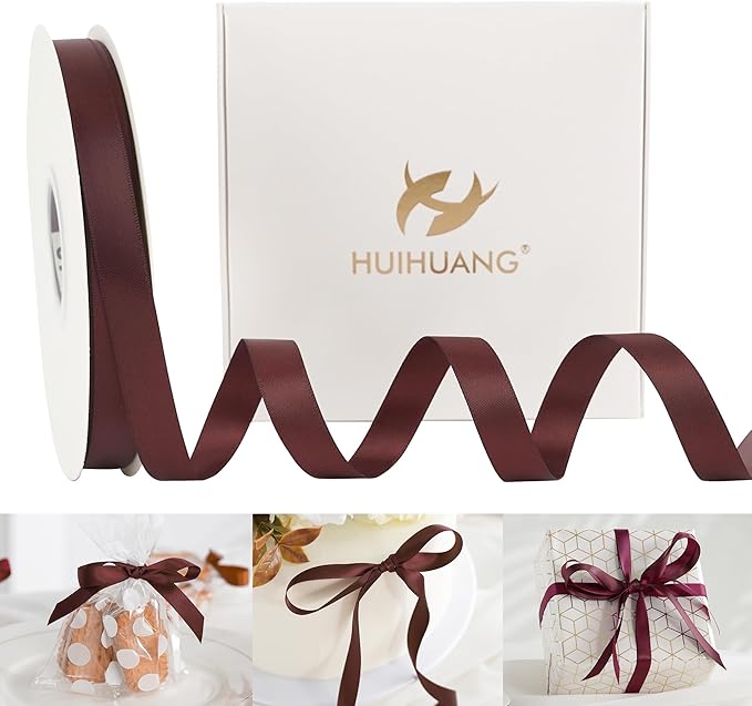 HUIHUANG Burgundy Satin Ribbon 1/2 inch X 50 Yards Continuous, Maroon Double-Faced Satin Ribbon for Gift Wrapping, Bows, DIY Crafts, Flower Bouquet, Wedding, Christmas Decor, Birthday