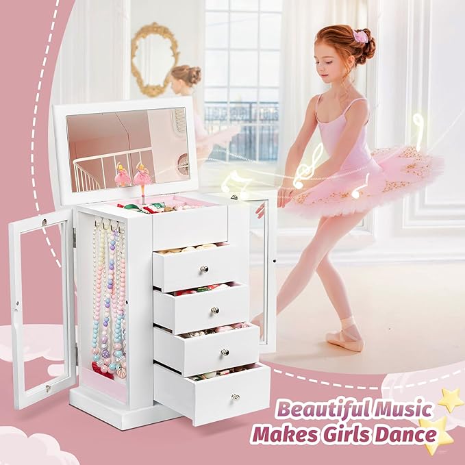 Jewelry Box for Girls, Musical Jewelry Box with Spinning Dancer Gifts for Little Girls Christmas New Year Birthday Children's Day, 5 Layer Large Wooden Kids Music Jewelry Organizer Box(White)