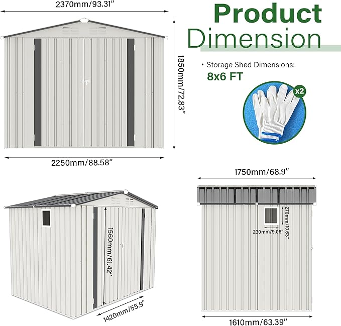 8x6 FT Outdoor Storage Shed with Windows, Metal Sheds & Outdoor Storage with Lockable Door and 4 Vents, Outside Storage Shed Waterproof for Backyard, Patio, White+Gray