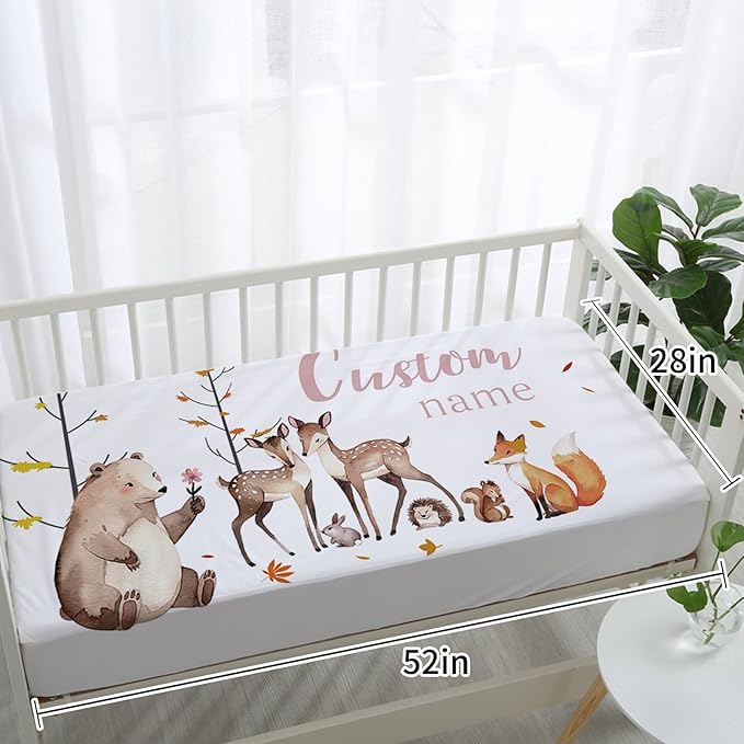 Personalized Baby Crib Bedding Set for Baby Girls, Fox Sika Deer Pattern Custom Name Baby Crib Sets 5-Pcs, Toddler Double Layer Blanket Fitted Sheets Changing Pad Cover Rug Wall Art Set