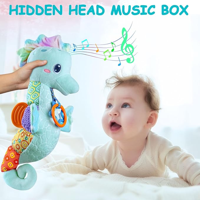 Fuzqq Baby Toys 0-6 Months,Musical Stuffed Animal Plush Toy with Rattle,Soft Newborn Toy for 0 3 6 9 12 Months Girls,Baby Boy Gift,Blue