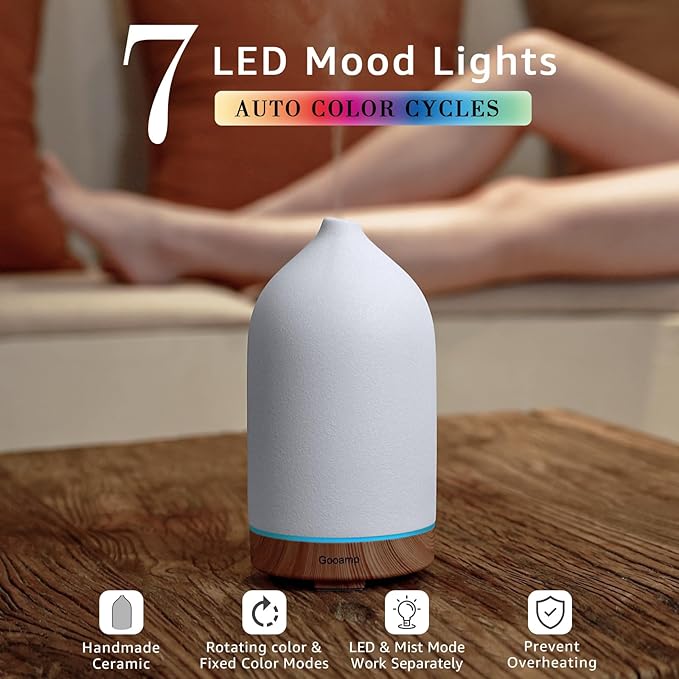 200ML Ceramic Essential Oil Diffuser - Ultrasonic Aromatherapy & Humidifier with 7-Color LED Lights, Auto Shut-Off, Wood Grain Base, 1H/3H/6H Timer | Scent for Home, Office, Yoga