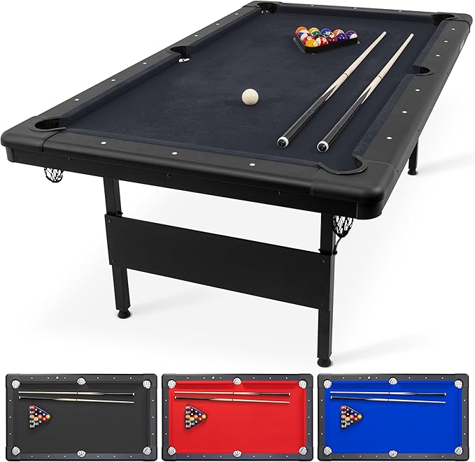 GoSports 6, 7, or 8 ft Billiards Tables - No Assembly, Choose Your Color - Portable Pool Table Includes Full Set of Balls, 2 Cue Sticks, Chalk and Felt Brush