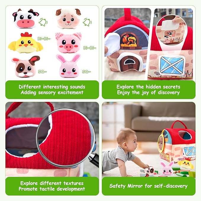 Baby Toys 6-12 Months, Soft Barn Toy with 6 Stuffed Farm Animals, Rattle, Crinkle, Mirror, Sensory Toys for Toddlers 1-3, 6 7 8 9 10 Month Old Baby Toys, Montessori Toys Gift for 1 Year Old Boy Girl