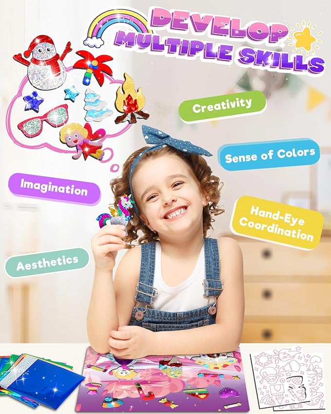 Baobrava Foil Art Fun Kit for Kids - DIY Toy Unicorn Princess Foil Art Craft Activity for Kids, Foam Stickers Fun Craft Kits & Supplies, Creative Christmas Birthday Gifts Travel Toys for 4 and Up