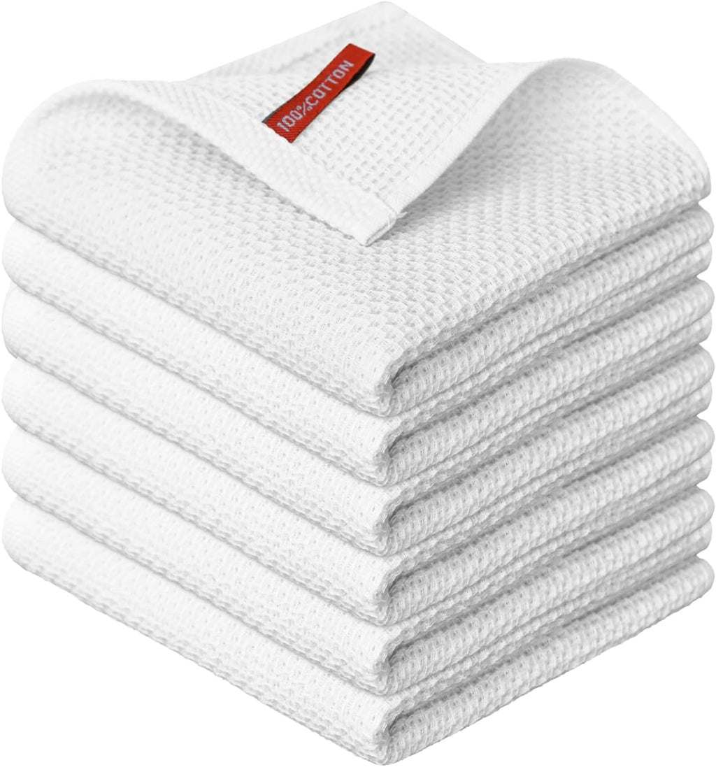 Artoid Mode 100% Cotton White Waffle Weave Kitchen Dish Cloths, 12x12 Inch Ultra Soft Absorbent Quick Drying Kitchen Dish Towels Set of 6