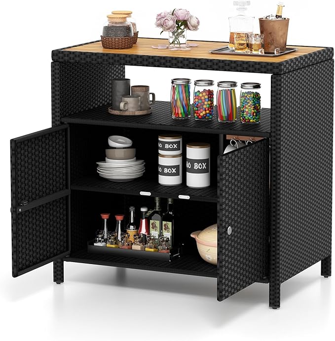 Tangkula Rattan Outdoor Storage Cabinet, Patiojoy Outdoor Cabinet with Acacia Wood Countertop, Open Compartment, 2-Door Wicker Sideboard, Outdoor Bar for Patio Garden Backyard Poolside (Black)