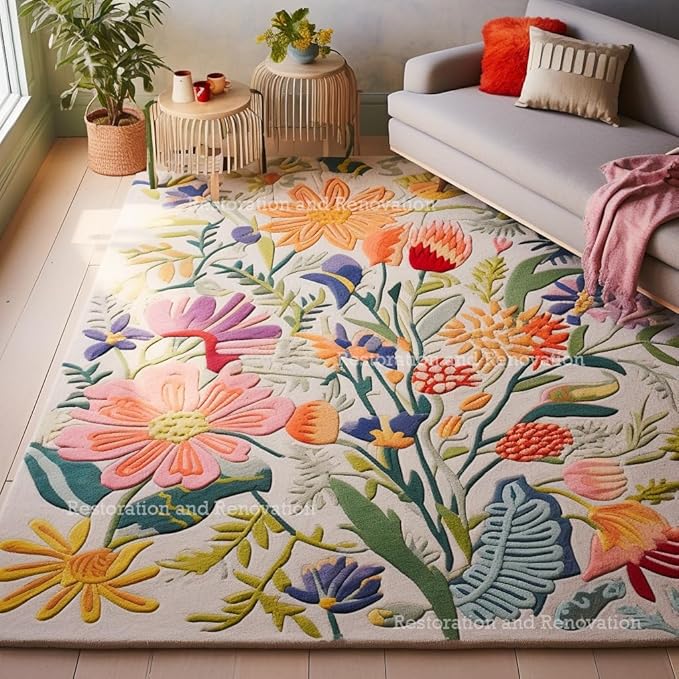Handmade Wool Floral Area Rug for Living Room | Elegant Flower Garden Design, Soft, Thick and Durable | Bedroom, Dining Room & Home Decor Carpet (8' Round, Floral B)