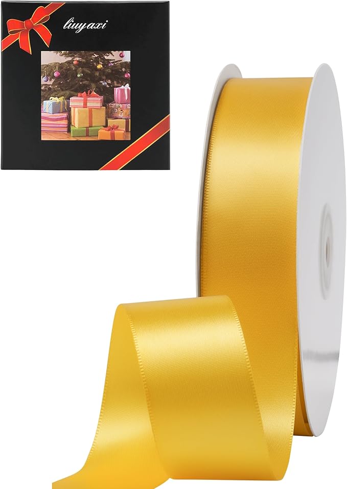 LIUYAXI Yellow Double Faced Satin Ribbon, 1" X Continuous 25 Yards, Ribbons Perfect for Gift Wrapping Wedding Bouquet Decor DIY Craft Bow Making & Other Projects
