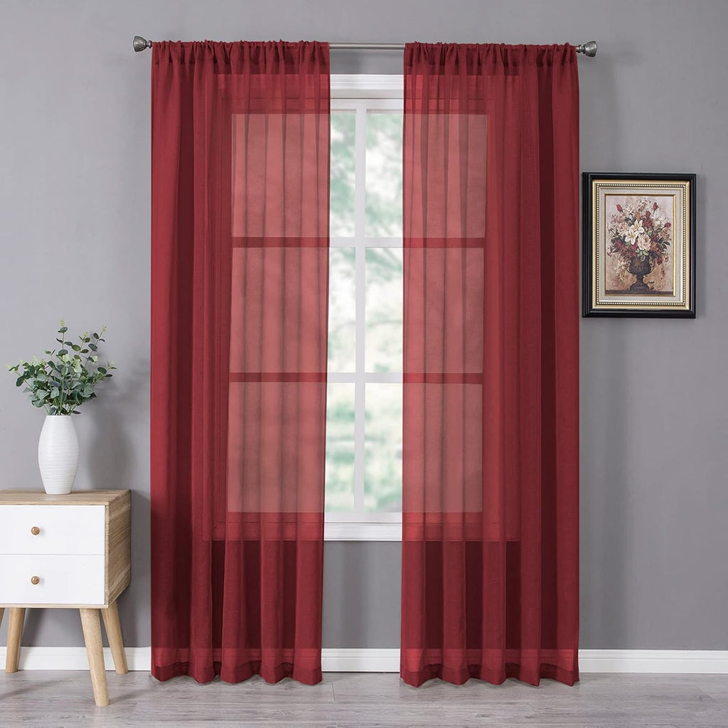 Tollpiz Sheer Curtain Linen Textured Living Room Curtains Sheer Light Filtering Rod Pocket Voile Curtain for Bedroom, 54 x 72 inches Long, Burgundy Red, Set of 2 Panels