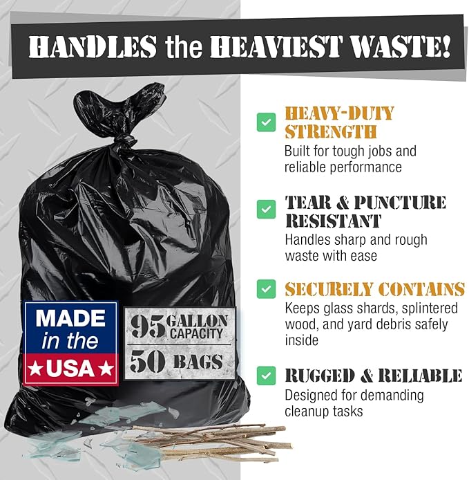 95-96 Gallon Extra-Large Black Garbage Can Liners, Heavy-Duty Trash Bags, 50 Bags, 1.5 Mil Thick, Ideal for Commercial & Home Use