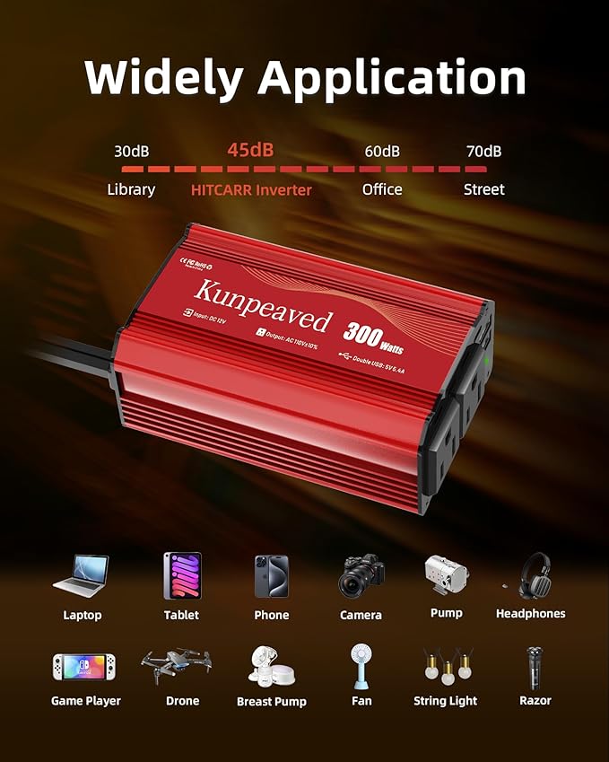 Power Inverter, Kunpeaved 300W Car Inverter DC 12V to 110V Charger Converter with Dual USB Ports and 2 AC Outlets for Air Compressor Laptops(Red)