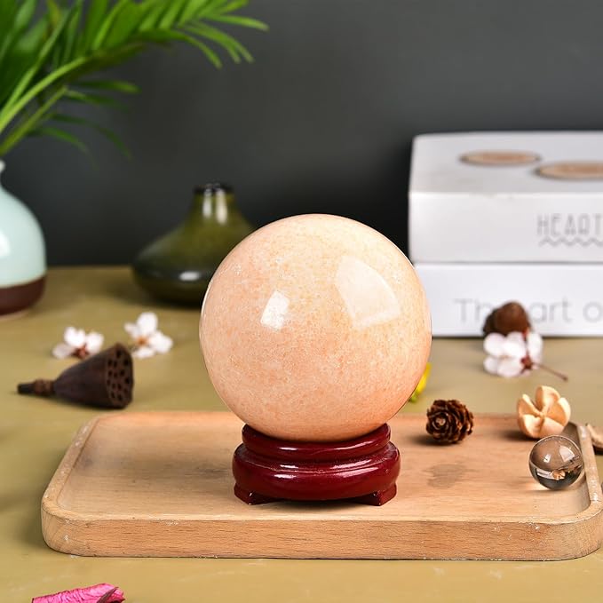 JIC Gem Sunstone Healing Crystals Sphere Ball Natural Rare Sparkling Crystal Sphere Ball Mineral Quartz Stone Ball with Decorative Stand Home Decoration (70-80mm), 2.8-3.2inch, Sunstonelight