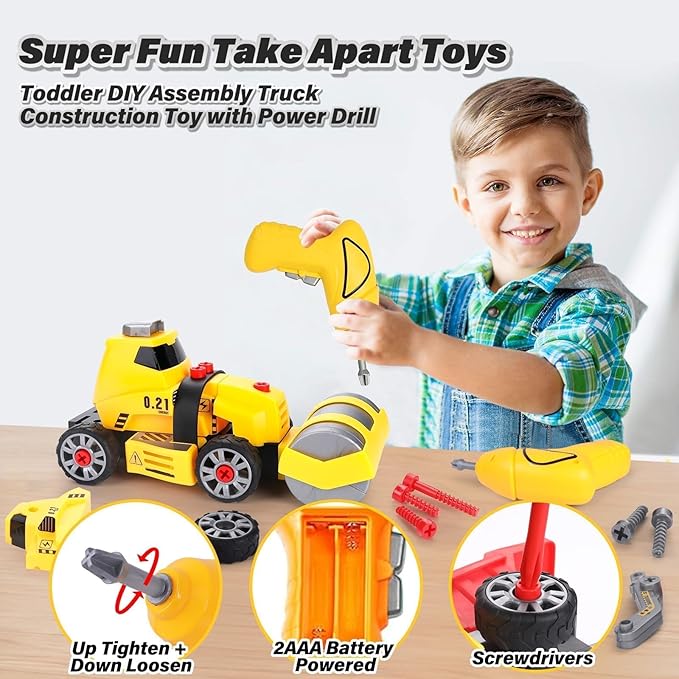 7 in 1 Take Apart Toys with Electric Drill Take Apart Truck Toys Construction Set DIY Engineering Building Toy Push Go STEM Toy Gift for Boys Toys Ages 4-7 Years Old