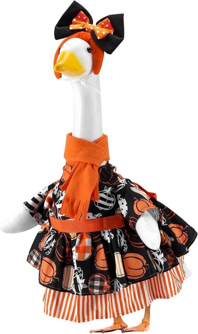 Thanksgiving Gingham Pumpkins Porch Goose Outfits for 23 Inch Lawn Statue, Fall Costume for Plastic/Cement Statue, Harvest Autumn Duck Sculpture Clothes for Yard Patio Party Decoration