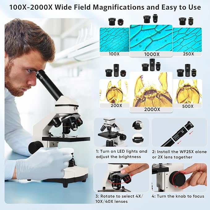 Microscope for Adults Professional:Compound Microscope for Kids 8-12,100X-2000X Kids Microscope Kit with Prepared Microscope Slides and Covers,Plant Stereo Microscopes for Kids Homeschool Lab