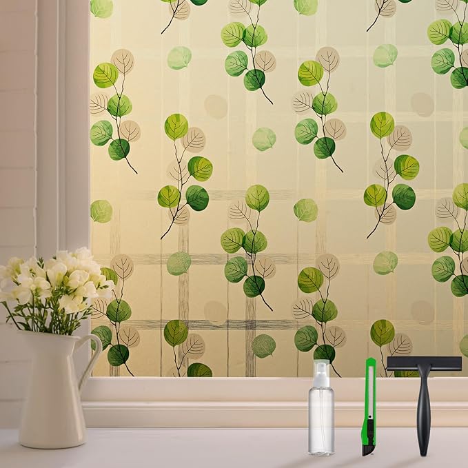 DKTIE Eucalyptus Leaves Stained Glass Window Film with Installation Tools, INS Style Window Privacy Film Decorative, Nordic Style for Home Decor (S541, 35.4'' x 78.7'')