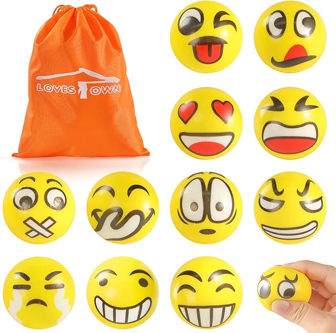 LovesTown Mini Stress Balls, 36PCS 2Inch Smiley Face Stress Balls Yellow Funny Foam Stress Relief Toys for School Carnival Reward Student Prizes