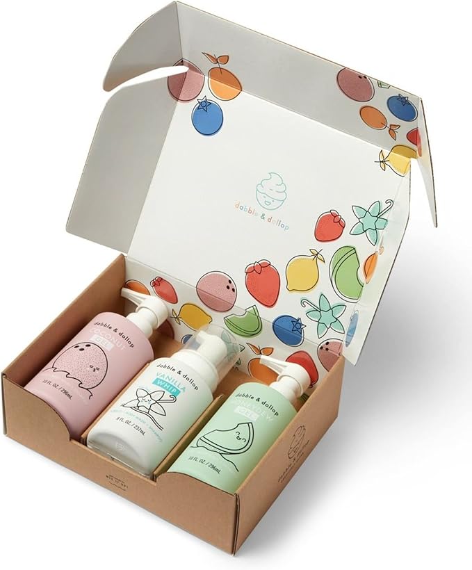 Dabble & Dollop Beachy Bundle, Natural Bubble Bath, Body Wash, Shampoo for Kids, USA-Made, Paraben & Sulfate Free, Vegan, Gluten-Free, Tear-Free, Honeydew Melon, Vanilla & Coconut (Set of 3)
