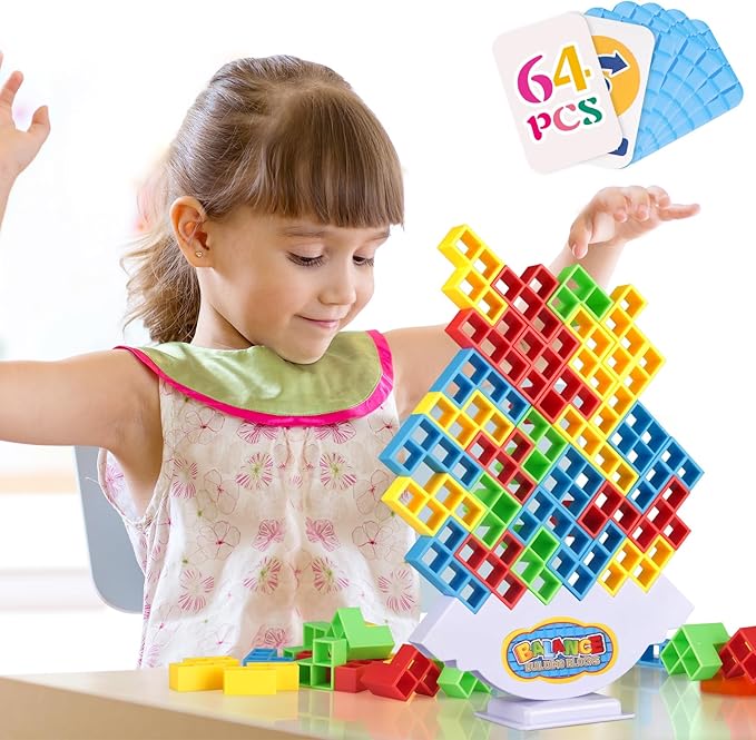 64Pcs Tetra Tower Game, Family Board for 2 Players Family Games, Building Blocks Stacking Balance Games Toys for Kids, Adults, Friends, Classroom, Family and Travel Party