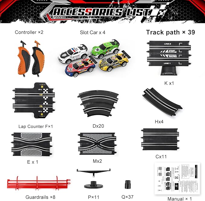 2 in 1 Slot Car Race Track Sets with 4 Slot Cars, 1:43 Electric Car Track for Boys, Dual Racing Game Lap Counter Circular Slope Track Sets, Birthday Gifts Toys for Boys Kids Ages 6 7 8 9 10 11 12