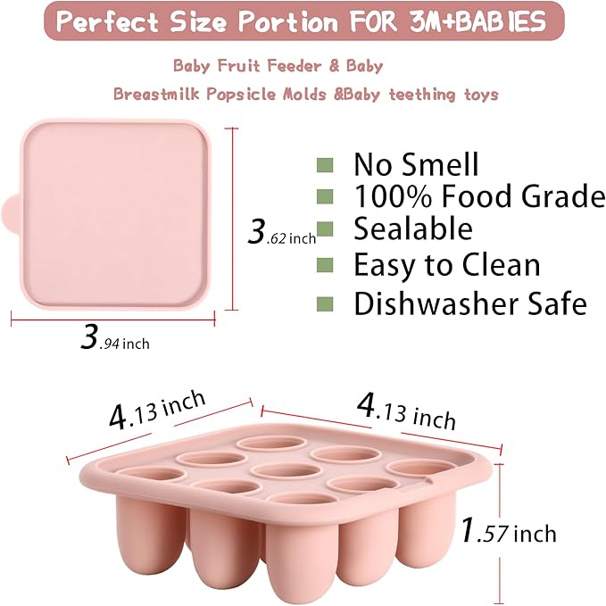 WAJIAYON Baby Food Freezer Tray Silicone Nibble Freezer Tray,Baby Fruit Food Feeder Teether,Breastmilk Popsicle Mold,Babies Breast Milk Teether Pop Maker Maker for Homemade Infant Meals-Pink
