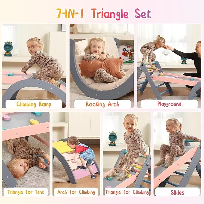 Pikler Triangle Set with Cushion, 7 in 1 Toddler Climbing Toys Indoor, Montessori Foldable Climbing Set, Wooden Climbing Toys for Toddlers 1-3 Inside with Ramp, Arch and Ladder (Rainbow with Blue)