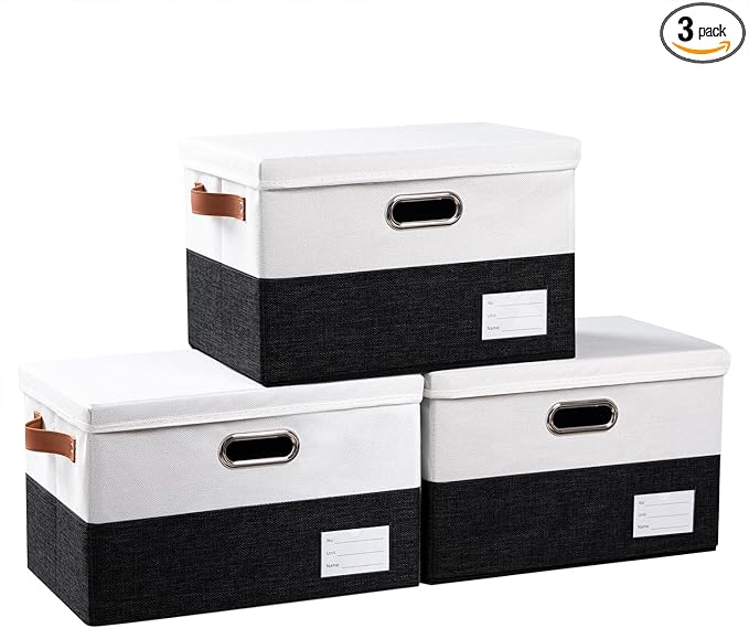 PRANDOM Foldable Storage Bins with Lids [3-Pack] Fabric Collapsible Storage Boxes Baskets Cubes Containers with Handles for Closet Living Room Bedroom (Black & White 14.9x9.8x9.8'')