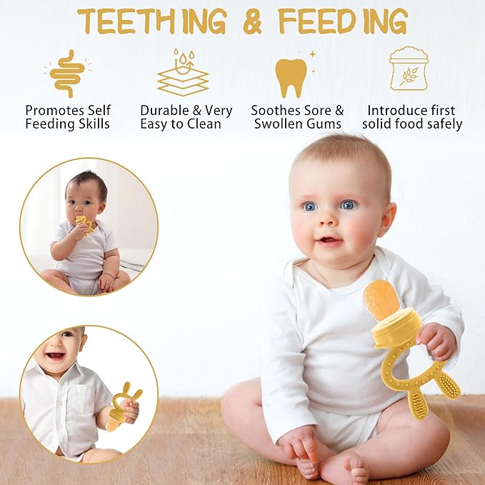 WAJIAYON Baby Breastmilk Popsicle Molds & Baby Fruit Feeder (2 Pack), Baby Food Freezer Tray Storage Containers, Silicone Teething Pacifier Feeder and Teether for Babies,Baby Feeder - Yellow